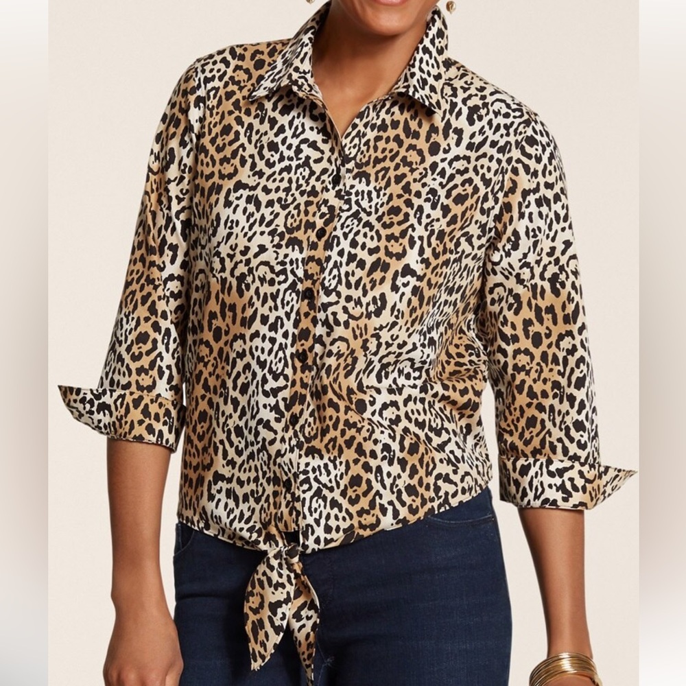 Chico's Women's Tie Front Effortless Leopard Lux Tyree II No Iron Blouse Sz 1 M